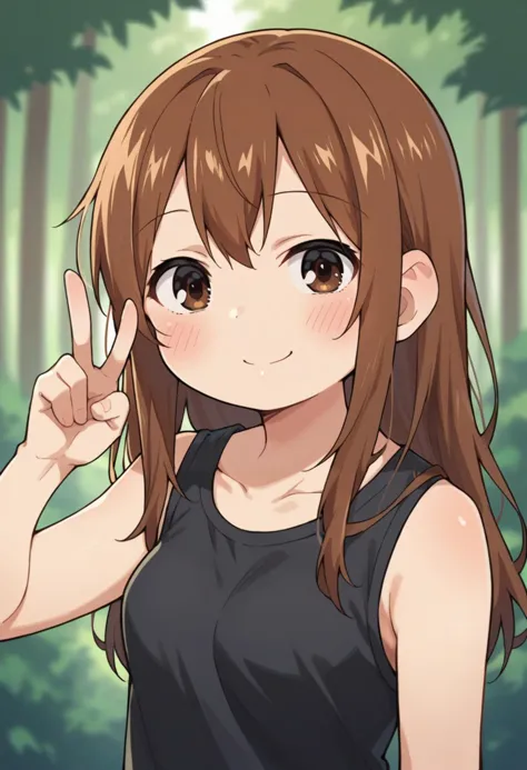 score_9, score_8_up, score_8, source_anime, 1girl, chibi, <lora:Miyashita:0.75> solo, brown eyes, brown hair, long hair, loose hair, black shirt, sleeveless, blush, smile happy, looking at viewer, v sign, 
forest background, blurry background,