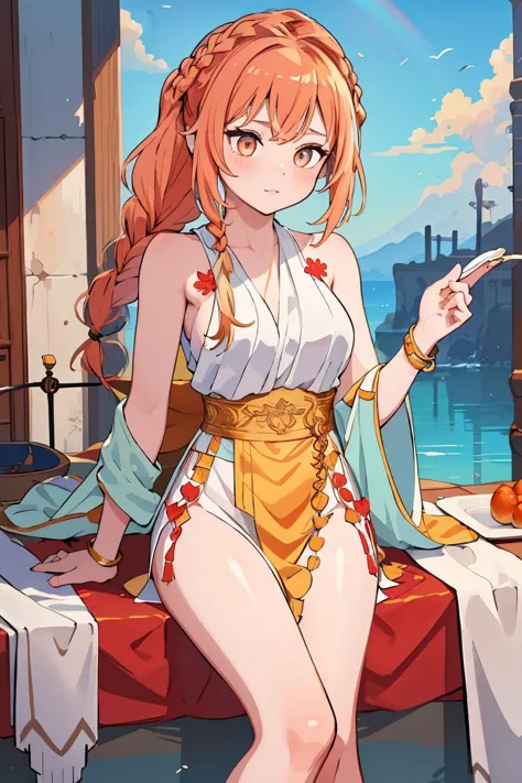 (masterpiece, best quality), 1girl,  Coral Side-Swept Fishtail Braid with Colored Ends, Size F breasts,  <lora:RomanClothes:1> roman clothes