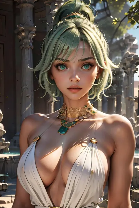 (masterpiece, best quality), 1girl,  Green Short Messy Hair with High Fade, Size H breasts,  <lora:RomanClothes:1> roman clothes