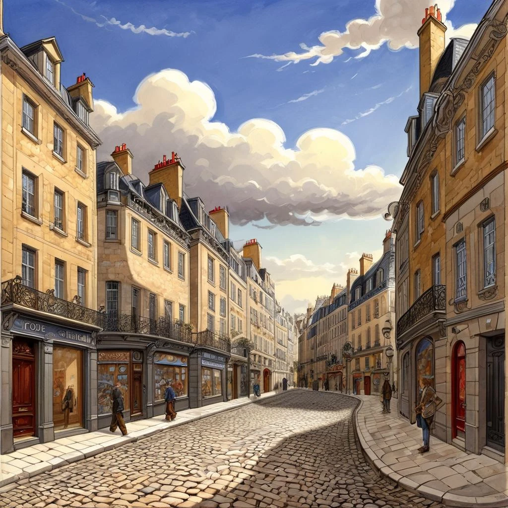 calle de la ciudad, extremadamente detallado, cielo, Nubes, guijarro, Edificios, ilustración de Jean-Pierre Gibrat  