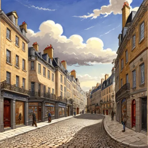 Stadtstraße, Extrem detailliert, Himmel, Wolken, Kopfsteinpflaster, Gebäude, Illustration von Jean-Pierre Gibrat  