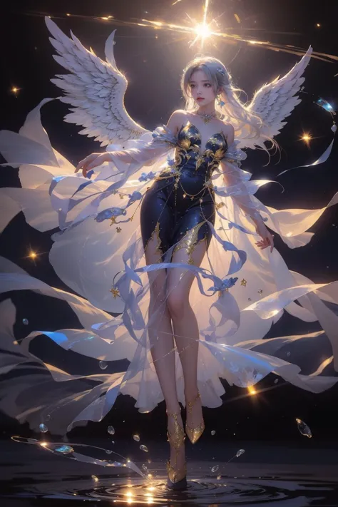 a woman in a dress with wings and a star above her