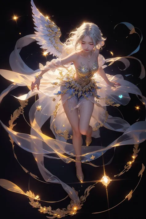 1girl,<lora:GlowingGirl:0.8>,glowing,silk dress,see-through,elegant,lazy,wind,floating hair,white hair,night,spinning,dynamic pose,dynamic angle,necklace,jewel,glitter,full body,glowing wings,from above,