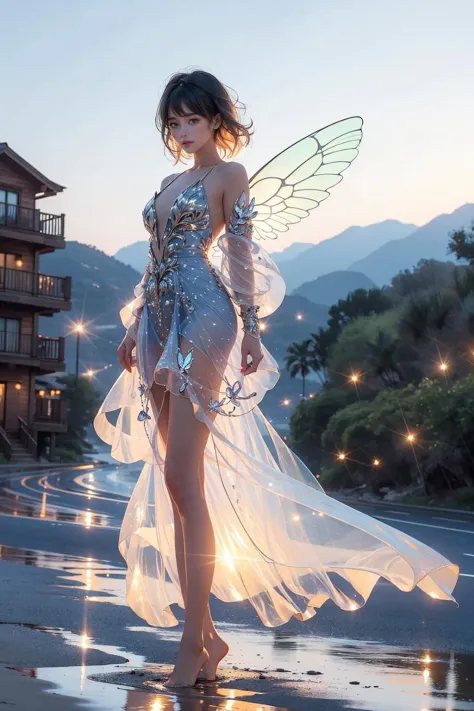 masterpiece,best quality,realistic, 4k, 1girl, glowing, solo, looking at viewer, short hair, bangs, brown hair, dress, bare shoulders, standing, full body, outdoors, wings, sky, barefoot, water, see-through, blue dress, fairy wings, fairy, butterfly wings, outdoors, sunset, road, mountain