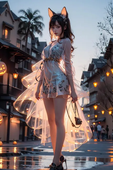 masterpiece,best quality,4k,1girl,glowing,solo,looking at viewer,halloween,pumpkin,blush,long hair,bangs,brown hair,animal ears,brown eyes,standing,outdoors,shoes,blurry,tree,see-through,night,blurry background,animal hood,