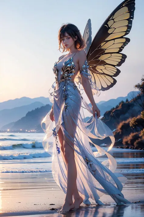 masterpiece,best quality,realistic, 4k, 1girl, glowing, solo, looking at viewer, short hair, bangs, brown hair, dress, bare shoulders, standing, full body, outdoors, wings, sky, barefoot, water, see-through, blue dress, fairy wings, fairy, butterfly wings, outdoors, sunset, road, mountain