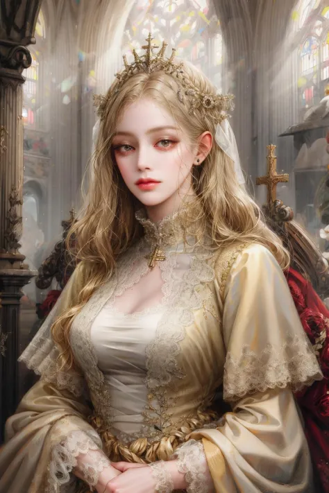 (absurdres, highres, ultra detailed), 1girl, solo, mature, (long beige hair), Baroque, dress, long sleeve, elegant, holy, colorful, highest detailed, portrait, close up, cathedral