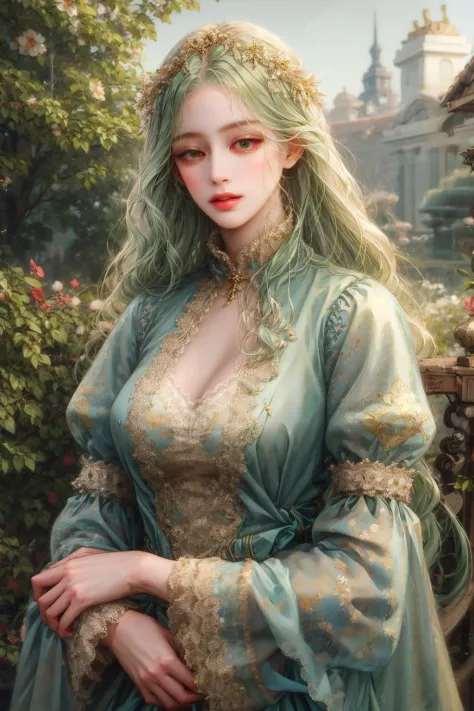 (absurdos, alta resolução, ultra detalhado), 1 garota, Sozinho, maduro, (cabelo muito comprido, Cabelo verde claro), Baroque, vestido longo, manga comprida, elegante, colorida, mais detalhado, tronco, ao ar livre, jardim