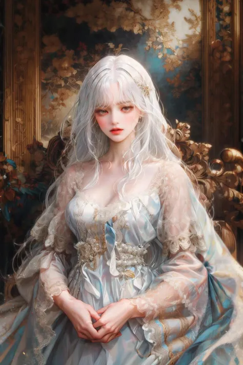 (absurdres, highres, ultra detailed), 1girl, solo, mature, (very long hair, white hair, bangs:1.4), Baroque, long dress, long sleeve, elegant, colorful, highest detailed, upper body