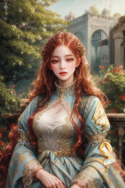 (absurdres, highres, ultra detailed), 1girl, solo, mature, (very long hair, red hair), Baroque, long dress, long sleeve, elegant, colorful, highest detailed, upper body, outdoors, garden