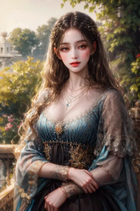 (absurdres, highres, ultra detailed), 1girl, solo, mature, (very long hair, black hair), Baroque, Necklace, long dress, long sle...