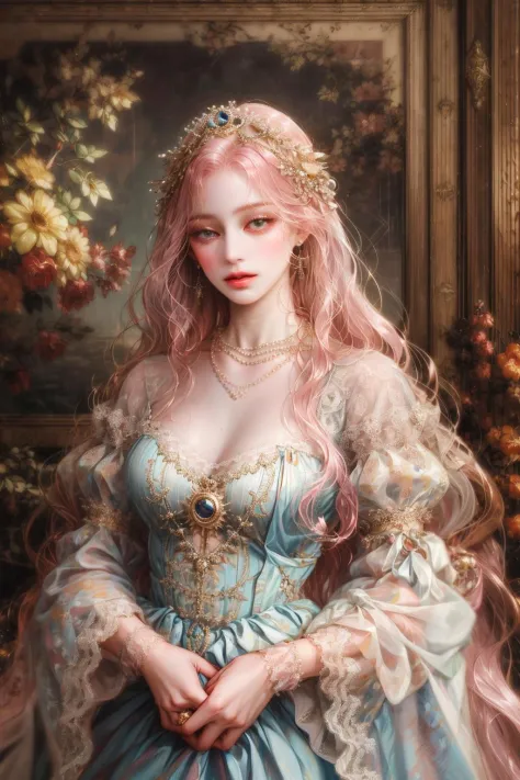 (absurdres, highres, ultra detailed), 1girl, solo, mature, (very long hair, pink hair), Baroque, Necklace, long dress, long sleeve, elegant, colorful, highest detailed, upper body