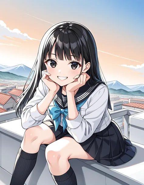 anime girl sitting on ledge with her hand on her chin