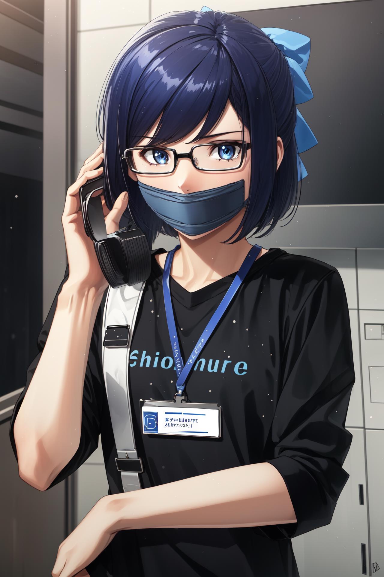 Anime girl with blue hair and glasses talking on a cell phone - SeaArt AI