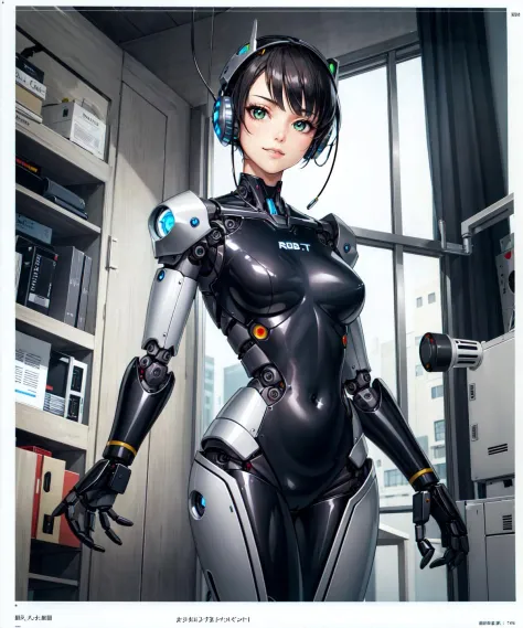 (1girl, robot cyborg:1.3), evil smile, upper body, ( medium breasts, solo:1.1), BREAK standing in hospital,  long black hair, green eyes, (robot bodysuit, plastic metal skin:1.4), BREAK white room room background, detailed medical equipment, pov, facing viewer