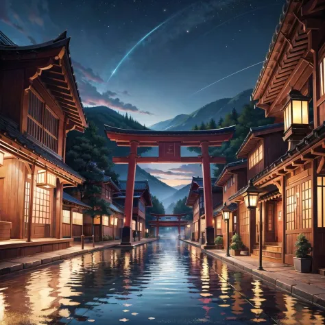 (masterpiece, top quality, best quality, official art, beautiful and aesthetic:1.2), extreme detailed,(fractal art:1.3),colorful,highest detailed in ultra detailed complex onsen, puddle, water, torii gate, japanese buildings,(best-quality:0.8), (best-quality:0.8), perfect anime illustration, BREAK steam