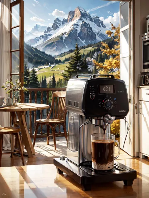 coffee machine in kitchen, mountains outside window