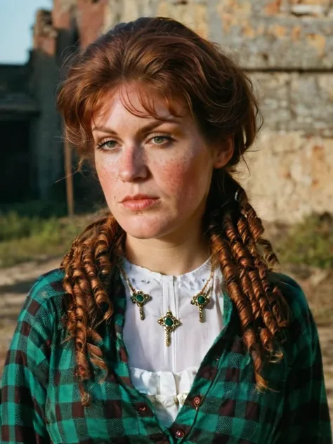 a close up of a woman with long red hair wearing a green shirt