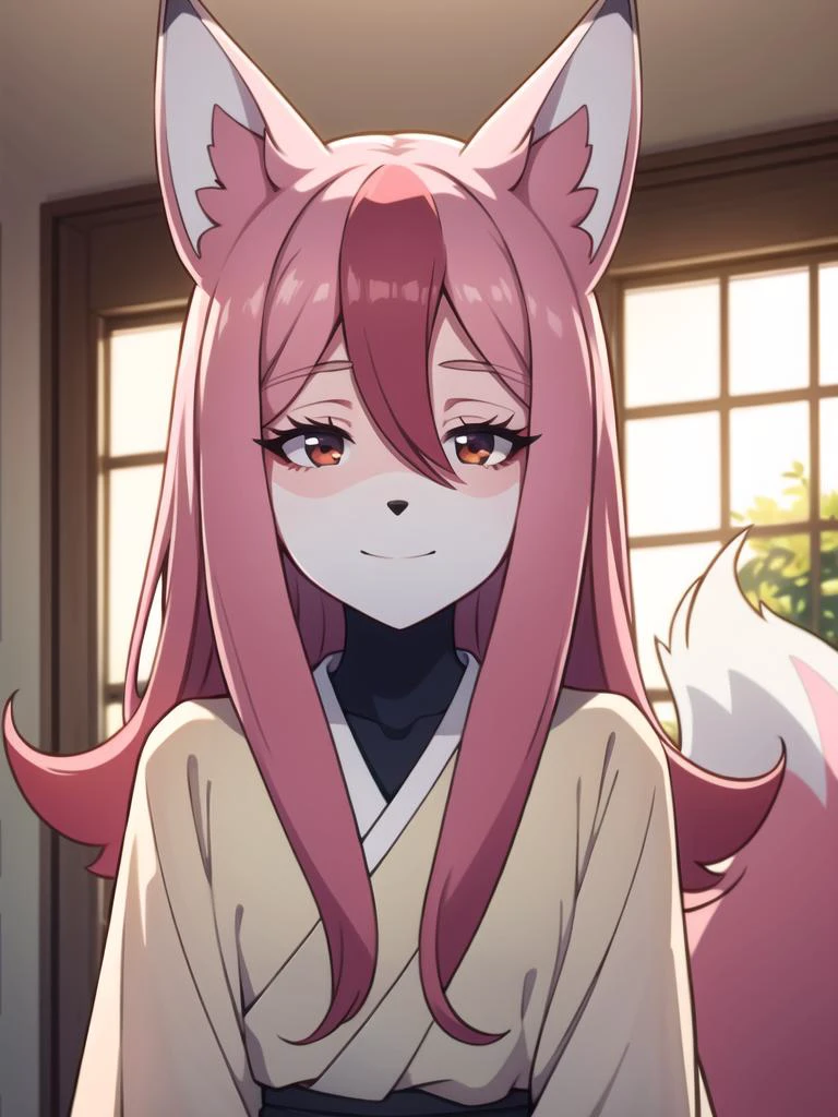 1 girl,solo, furry,fox girl,furry female, animal ears, nazuna_hiwatashi, pink hair,long hair, red eyes, hair between eyes, white skin,(two tone skin pink colored limbs), animal nose, triangle shaped nose, fox tail, (tail), (high quality, best quality, (4k), hi res, masterpiece, beautiful, high details), happy, half closed eyes, detailed eyes, indoors  face closeup