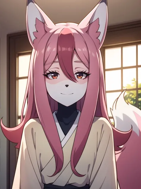 1 girl,solo, furry,fox girl,furry female, animal ears, nazuna_hiwatashi, pink hair,long hair, red eyes, hair between eyes, white skin,(two tone skin pink colored limbs), animal nose, triangle shaped nose, fox tail, (tail), (high quality, best quality, (4k), hi res, masterpiece, beautiful, high details), happy, half closed eyes, detailed eyes, indoors  <lora:nazunut:0.8>, face closeup