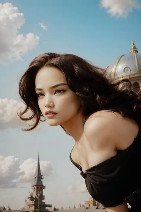 best quality, masterpiece, (opt-parisberelc2020s dark brown hair, hazel eyes),  (focus on character:1.1), portrait, (full body:0.6)}, detailed background, detailed face, (fragrealitytech theme:1.1), aristocratic pose, awestruck, ruling class, elegant clothing, elegant hat, looking up at floating (cloud city:1.1), utopian cloudtop sky-city, floating platforms, floating buildings, dome,   ziplines, propellers, clouds in background,  wind blowing, cinematic atmosphere, glowing dark purple lights, , in the style of Ewald Rübsamen, SkinHairDetail, wide angle shot, full body,   