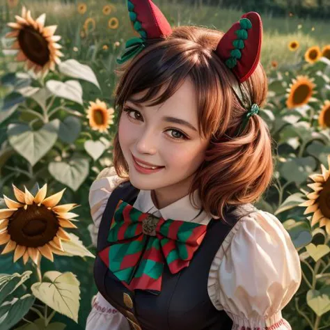 there is a girl in a dress and a bow tie in a field of sunflowers