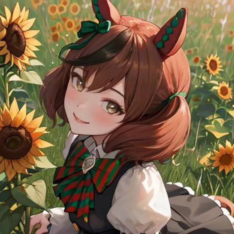 anime girl with horns and a dress sitting in a field of sunflowers