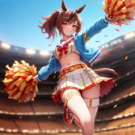 masterpiece, best quality,
nice nature \(umamusume\), solo,
full body, arm up, standing on one leg, stadium, smile, sweat, confe...