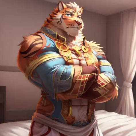 solo, (soft shading), (detailed face), (detailed eyes),(bedroom), (full body),muscular,bara,(arms crossed), looking at viewer, blush, stern face,nj5furry, <lora:lin-huV2-06:1>