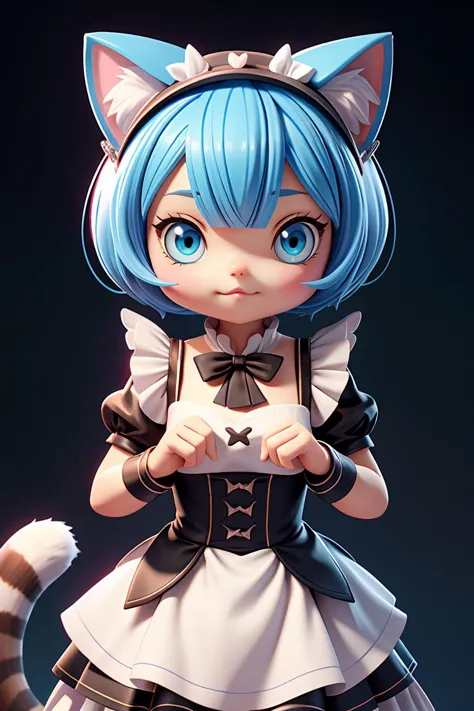 a close up of a cat girl with blue hair and a dress