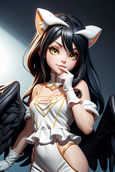 best quality, dynamic angle, close up, c4tt4stic, albedo_overlord as a cat, low wings, black hair, white dress, hyperrealistic, cinematic  <lora:c4tt4stic6(1):0.8>  <lora:more_details:0.5> <lora:albedo:0.8>