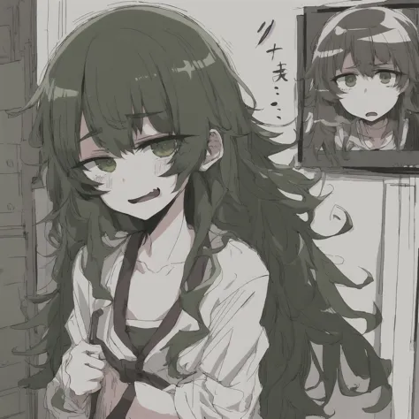 anime girl with long hair and green eyes standing in front of a mirror