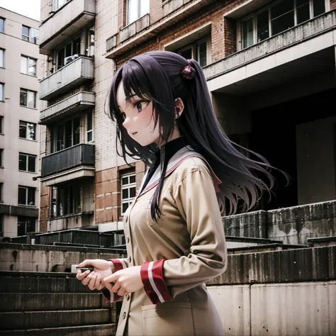 anime girl in a trench coat looking at her cell phone