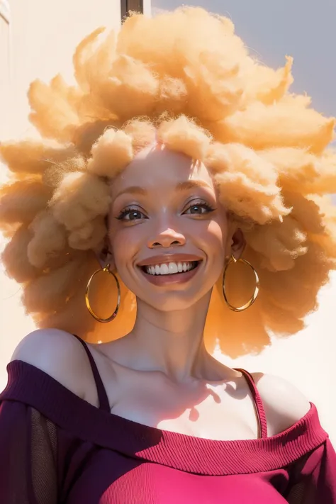 a close up of a woman with a large afro with a big smile