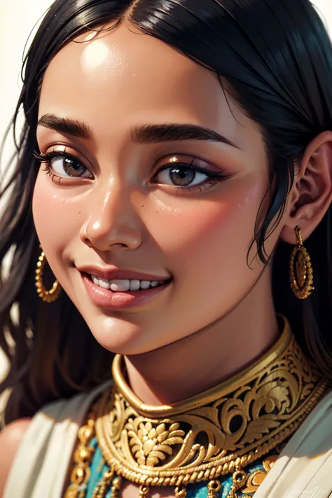 a close up of a woman with a necklace and earrings