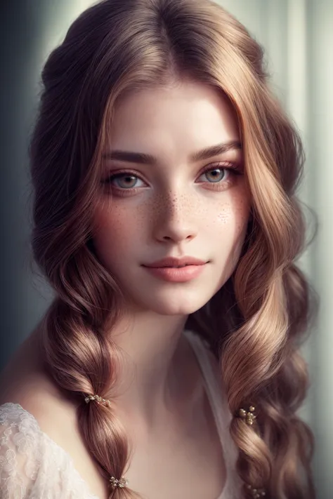 a close up of a woman with long hair and freckled hair