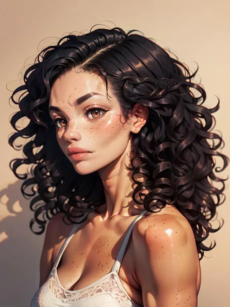 score_9, score_8_up, score_7_up, score_6_up, score_5_up, score_4_up,   <lora:m1xd0llXLP2:0.7> curly hair, 1girl, m1xd0ll, black hair, short hair, tan skin, freckles, brown eyes, portrait