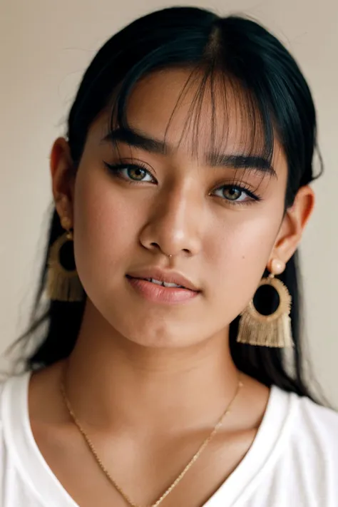 a close up of a woman with a necklace and earrings