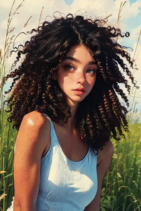 a close up of a woman with curly hair in a field