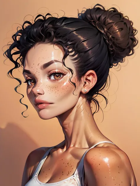 a woman with freckles and a messy bun in her hair