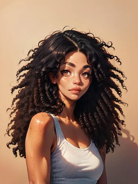 a close up of a woman with long curly hair wearing a white tank top