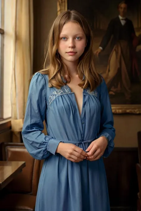 a profesional photo of 1girl mia goth, posing in fancy caffe, smile, delicate body, blue dress, blonde hair, perfect quality, ma...