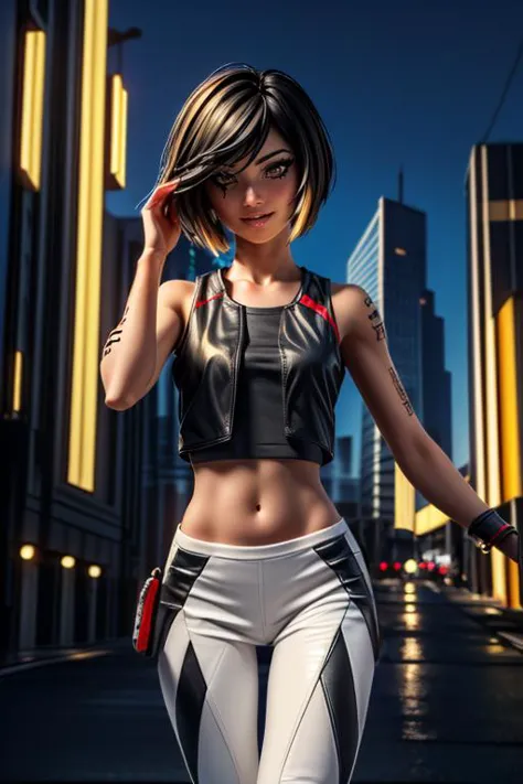 (masterpiece, best quality, highres, absurdres, ultra-detailed:1.3), 1girl, <lora:FaithConnorsMEC-11:0.7>(Faith:1.3), brown eyes, black hair, short hair, bobcut, black tank top, black vest, white pants, black fingerless gloves, red shoes, ((asian, right eye tattoo, shoulder tatoo, city, , parkour, skyscrapers, athletic, mascara, happy, midriff, wind, neon style, golden hour, glow, cowboy shot)), <lora:add_detail_v1:0.8>,  <lora:LowRA:0.75>