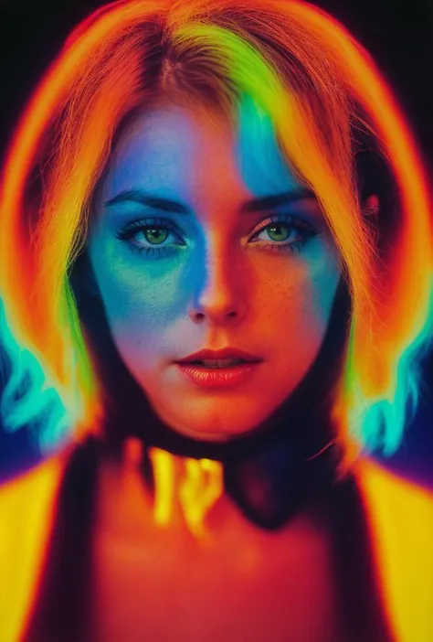 Psychedelic Color slide projected over a (27 yo American woman), (dark Jungian psychological imagery)(key lighting, f1.8 50mm lens medium format camera)(style of [Vogue | Saturday Evening Post | Rolling Stone])(post-processing: .25 unsharp mask, S curve, dodge and burn, mid-level contrast, dark edge vignette) 