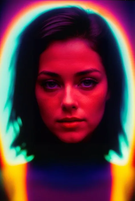 Psychedelic Color slide projected over a (27 yo American woman), (dark Jungian psychological imagery)(key lighting, f1.8 50mm le...