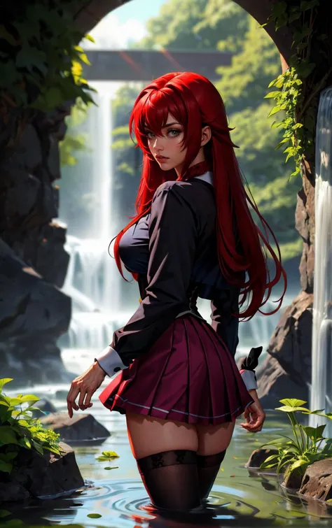 ((masterpiece, best quality)), insaneres, absurdres, solo, looking at viewer, 
ANIME_DxD_Rias_Gremory_ownwaifu, 
1girl, bangs, long hair, red hair, breasts, large breasts, rias gremory, blue eyes, hair between eyes, very long hair, collarbone, hair intakes,  hair over breasts, 
black capelet, black corset, collared shirt, kuoh academy school uniform, layered skirt, underbust, school uniform, skirt, shirt, long sleeves, purple skirt, ribbon, miniskirt, neck ribbon, thighhighs, black ribbon, 
(wading, looking back), waterfall, <lora:ANIME_DxD_Rias_Gremory_ownwaifu:0.75>,
 depth of field, vanishing point, garden, sidelighting,