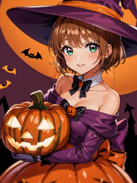 a woman in a witch costume holding a pumpkin