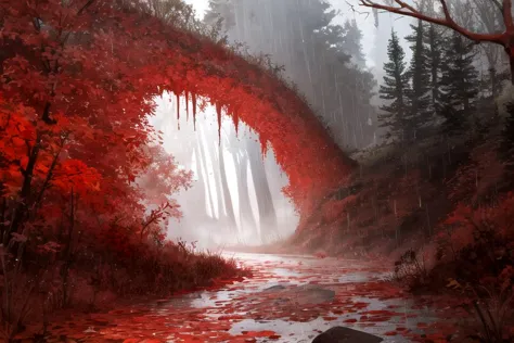 there is a red leaf covered bridge over a stream in the woods