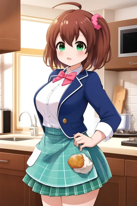 anime girl in a school uniform holding a donut in a kitchen