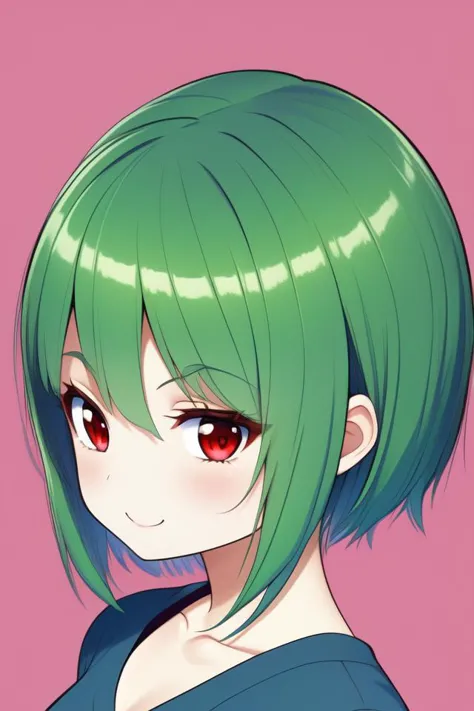 a close up of a person with green hair and red eyes